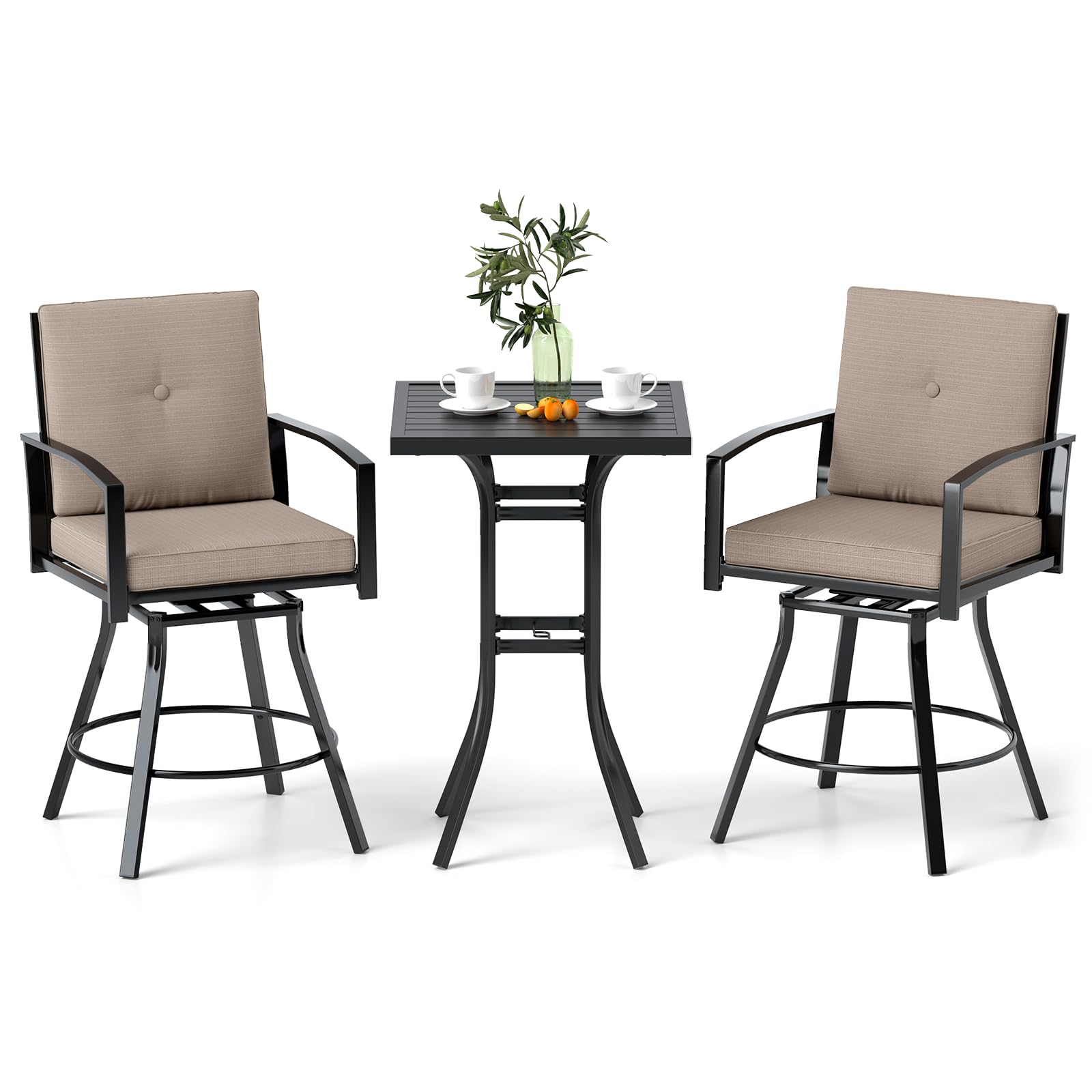 Tangkula 3 Pieces Patio Swivel Bar Set Outdoor Metal Bar Table and Chairs Set